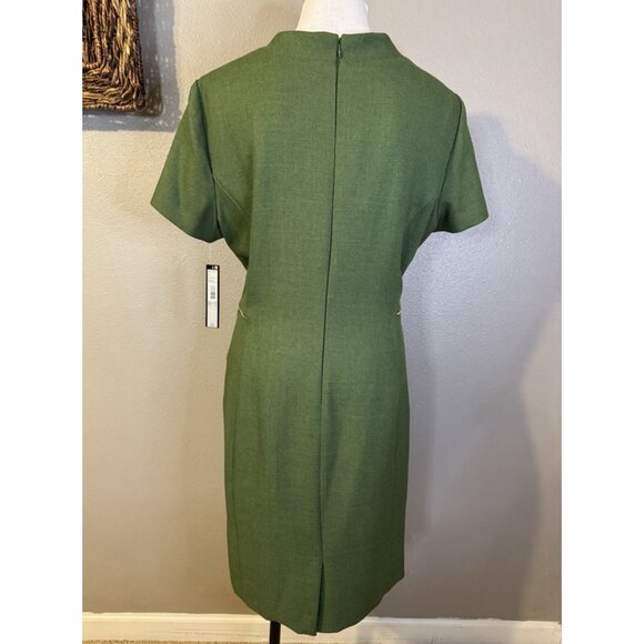 Tahari Dress 18 Green Mock Neck Gold Zipper Trim Short Sleeve Career Church NEW - Picture 8 of 11